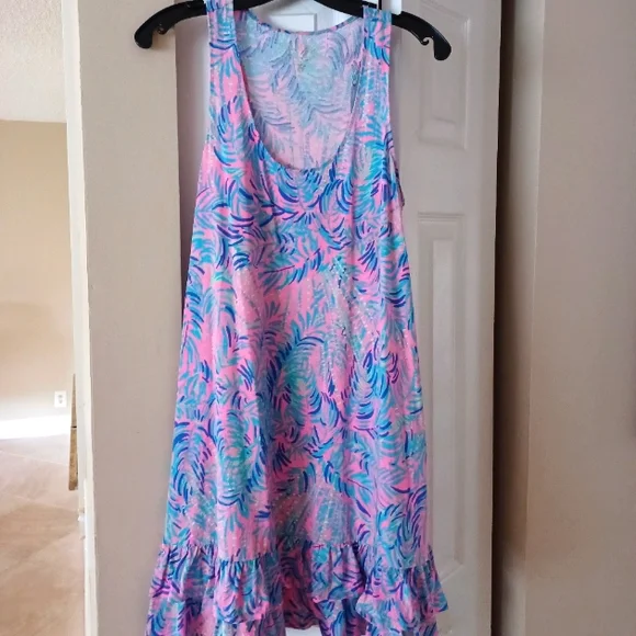 lilly pulitzer cotton tank dress Lilly Pulitzer Evangelina Racerback Ruffled Tank Dress Pink Coco Sunset  Small